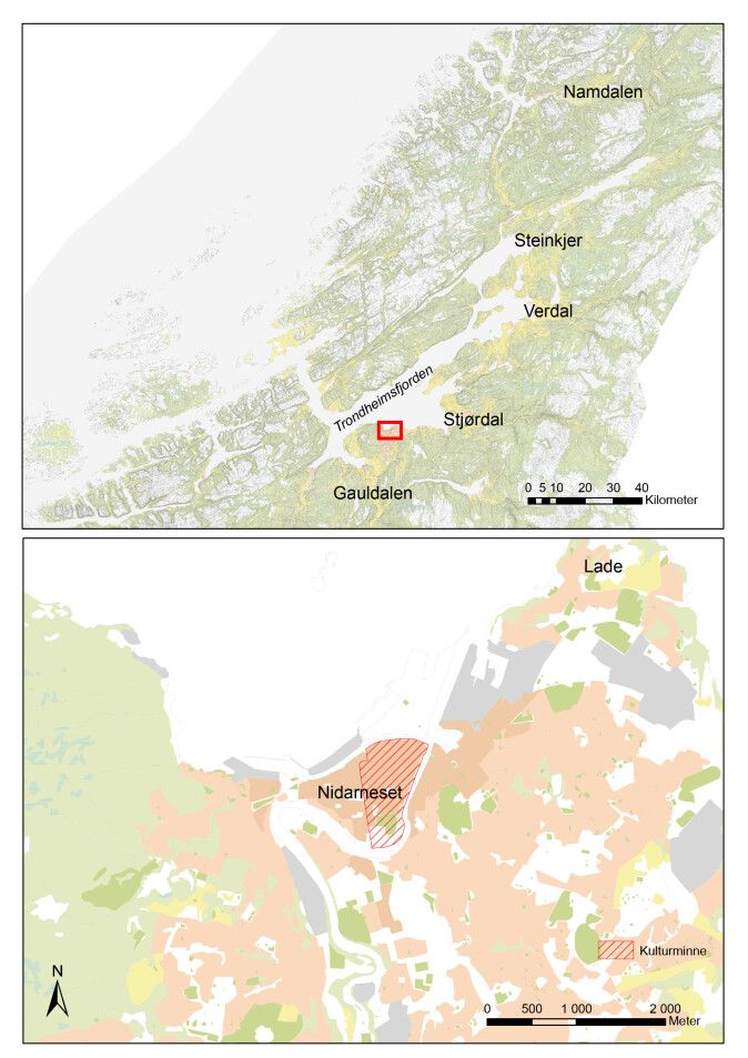 Nidarnesets geografiske plassering og utstrekningen av kulturminnet «Middelalderbyen Trondheim» (rød skravering). Nidarnesets geografiske plassering og utstrekningen av kulturminnet «Middelalderbyen Trondheim» (rød skravering).