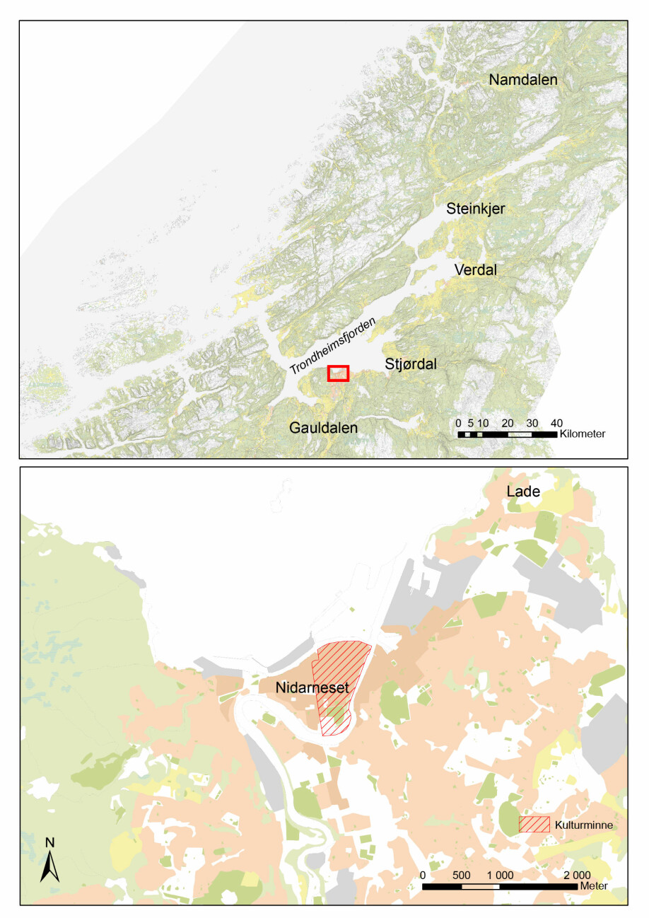 Nidarnesets geografiske plassering og utstrekningen av kulturminnet «Middelalderbyen Trondheim» (rød skravering).