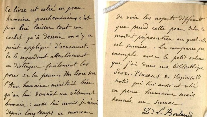 På en lapp som fulgte med skriver eierne av boka at huden stammer fra en avdød kvinne. (Foto: Houghton Library, Harvard) På en lapp som fulgte med skriver eierne av boka at huden stammer fra en avdød kvinne. (Foto: Houghton Library, Harvard)