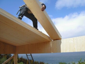 Massivtre er mindre trebiter som settes sammen på tvers av hverandre til svære elementer. Her brukes det til hyttebygging i Sør-Trøndelag, men det ser også ut til å fungere godt i høyere hus. (Foto: Norsk Massivtre AS) Massivtre er mindre trebiter som settes sammen på tvers av hverandre til svære elementer. Her brukes det til hyttebygging i Sør-Trøndelag, men det ser også ut til å fungere godt i høyere hus. (Foto: Norsk Massivtre AS)