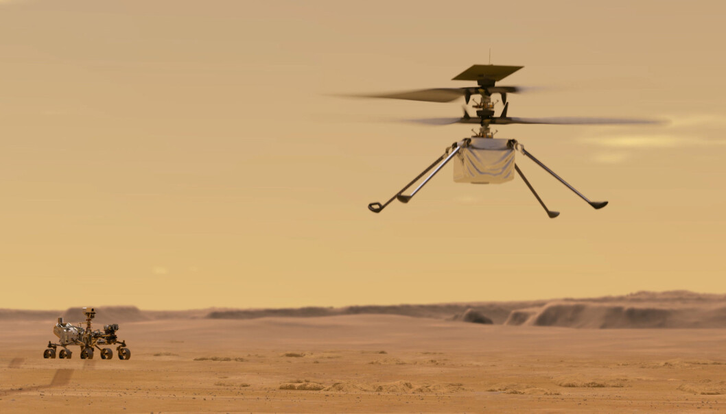 Slik ser Nasa for seg Ingenuity på flytur over Mars. Den første prøveflygingen skjer tidligst på søndag. Slik ser Nasa for seg Ingenuity på flytur over Mars. Den første prøveflygingen skjer tidligst på søndag.