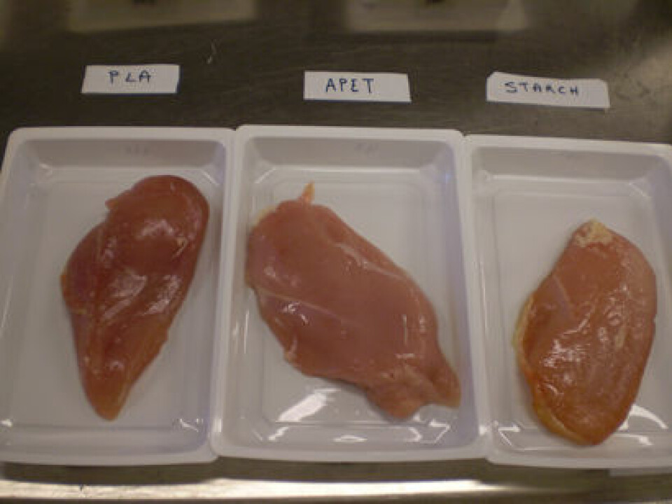 Kylling pakket i ulike emballasjematerialer: Tradisjonelt materiale i midten (APET) og biomaterialene PLA til venstre og stivelsesbasert til høyre. Kylling pakket i PLA - og stivelsesbasert materiale  har en friskere farge, men en inntørket overflate. (Foto: Marit Kvalvåg Pettersen, Nofima)