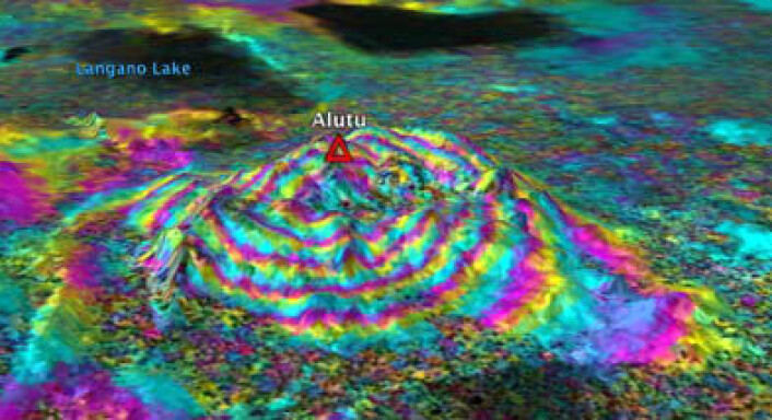 I 2008 så satellitten Envisat at vulkanen Mount Alutu i Etiopia hevet seg med flere centimeter. (Foto: (Illustrasjon: ESA)) I 2008 så satellitten Envisat at vulkanen Mount Alutu i Etiopia hevet seg med flere centimeter. (Foto: (Illustrasjon: ESA))
