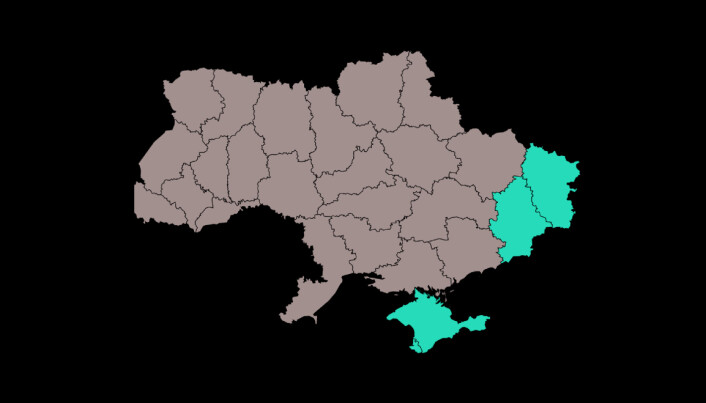 Kart over Ukraina med konfliktområdene markert i lyst blått. I sør ser du den mye diskuterte Krim-halvøya, mens du i øst kan se Luhansk og Donetsk, som tilsammen utgjør Donbass regionen. Kart over Ukraina med konfliktområdene markert i lyst blått. I sør ser du den mye diskuterte Krim-halvøya, mens du i øst kan se Luhansk og Donetsk, som tilsammen utgjør Donbass regionen.
