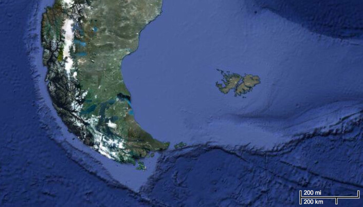 Illustrasjonen viser den nåværende avstanden mellom Sør-Amerika og Falklandsøyene. (Foto: (Illustrasjon: Google maps)) Illustrasjonen viser den nåværende avstanden mellom Sør-Amerika og Falklandsøyene. (Foto: (Illustrasjon: Google maps))