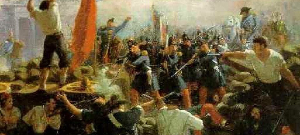 I 1848 startet en revolusjonsbølge i Paris. Den skylte opp gjennom Tyskland og presset de danske makthaverne til demokratiske reformer. (Maleri: Horace Vernet-Barricade: Rue Soufflot)