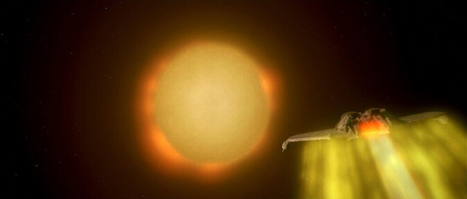 Solen ser ikke gul ut i verdensrommet, selv om den ofte fremstilles sånn. Her fra Star Trek IV. Solen ser ikke gul ut i verdensrommet, selv om den ofte fremstilles sånn. Her fra Star Trek IV.