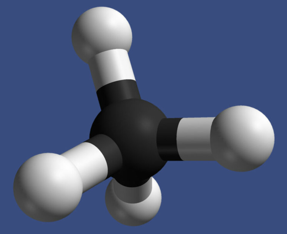 Et metanmolekyl er laget av et karbonatom i midten kjemisk bundet til fire hydrogenatomer. Metan er det enkleste av alle organiske molekyler. (Foto: (Figur: Ben Mills, Wikimedia Commons))