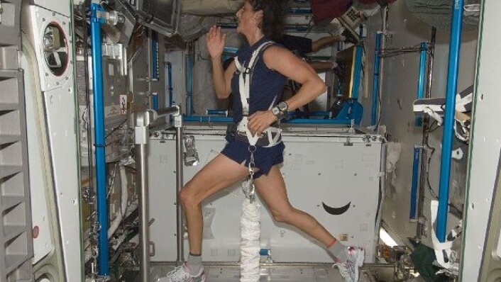 Her er astronauten Sunita Williams i aksjon på tredemølla på den internasjonale romstasjonen, godt festet fast. I helga gjennomførte hun det første triatlonet i rommet. Bildet er fra en tidligere anledning. (Foto: NASA) Her er astronauten Sunita Williams i aksjon på tredemølla på den internasjonale romstasjonen, godt festet fast. I helga gjennomførte hun det første triatlonet i rommet. Bildet er fra en tidligere anledning. (Foto: NASA)