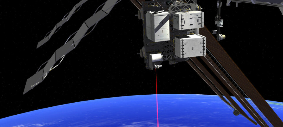 Illustrasjon av OPALS festet til Den internasjonale romstasjonen. Utstyret skal prøve ut laserkommunikasjon mellom romstasjonen og jorda. (Illustrasjon: OPALS/NASA)