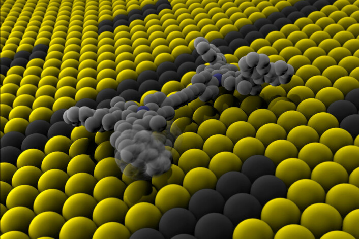 Nanobilen i bevegelse, på ei overlfate av kobber. Kulene representerer enkeltatomer. (Foto: (Illustrasjon: Randy Wind/Martin Roelfs))