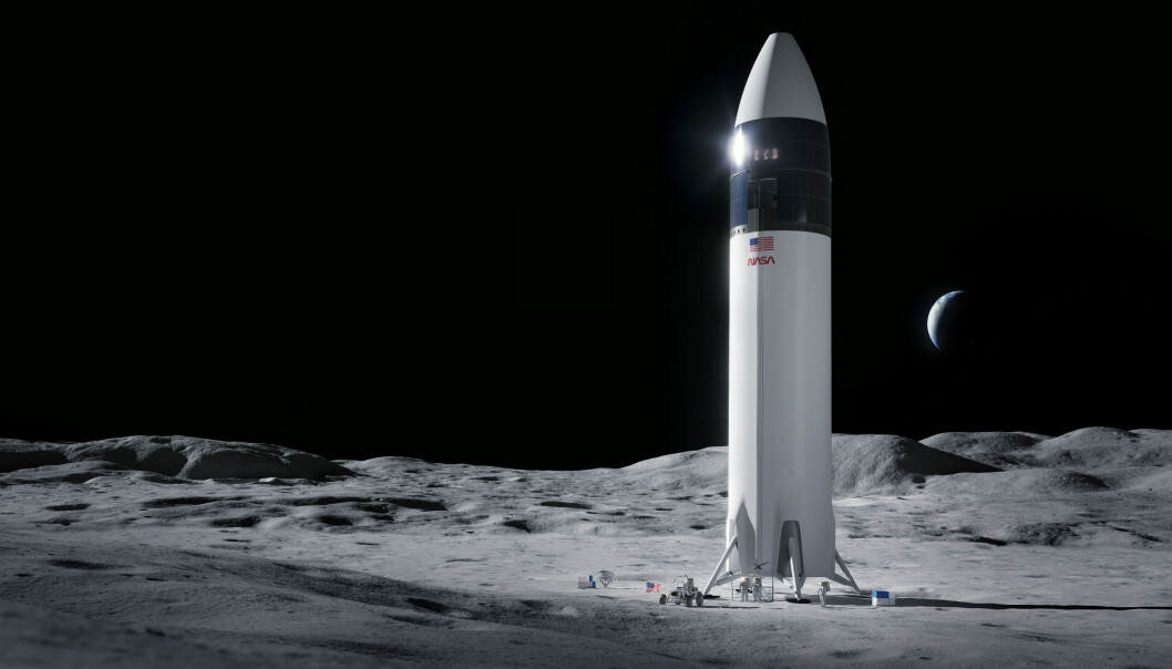 Slik ser SpaceX for seg at deres månelandingsversjon av Starship kan se ut, når den har landet på månens overflate. Slik ser SpaceX for seg at deres månelandingsversjon av Starship kan se ut, når den har landet på månens overflate.