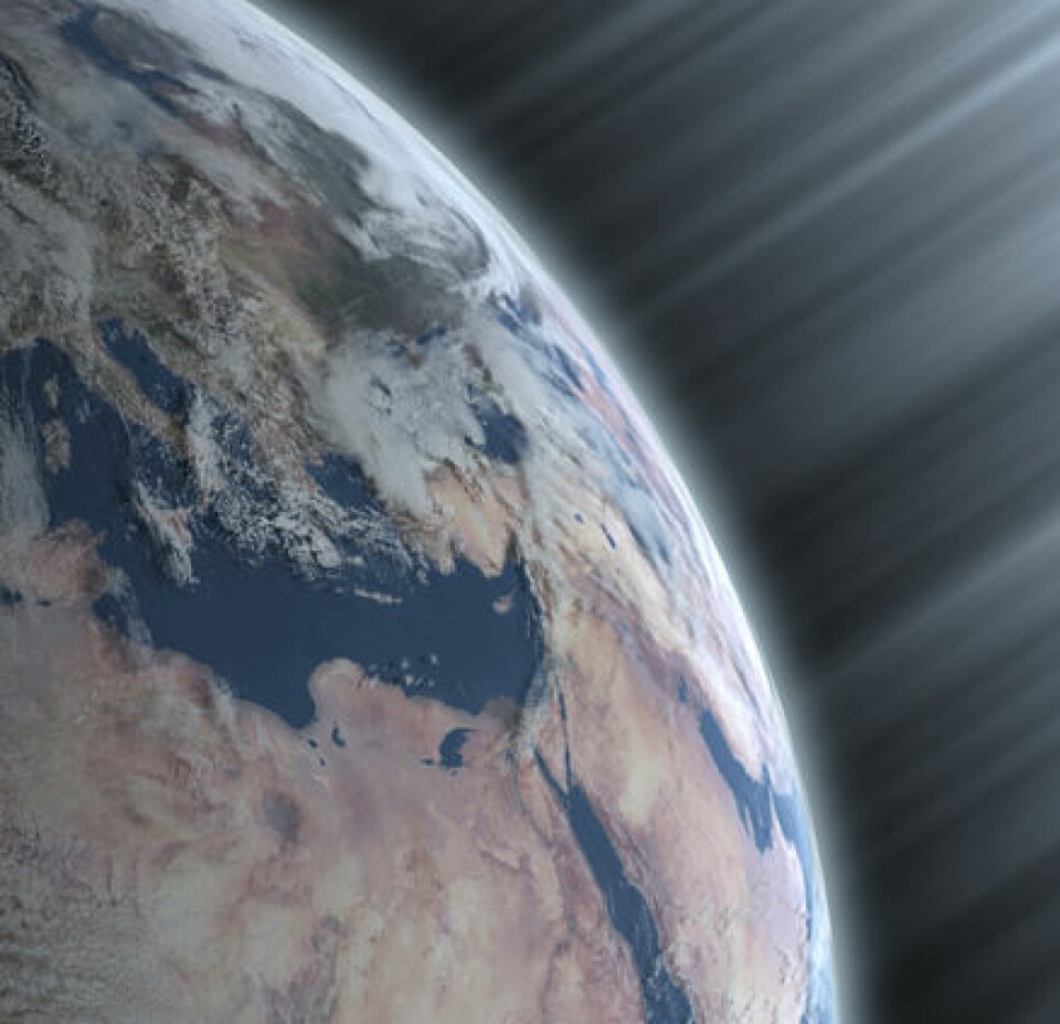 'Henrik Svensmarks kontroversielle klimateori hevder at kosmisk stråling i jordens atmosfære påvirker klimaet. Strålingen øker dannelsen av skyer, som reflekterer sollys tilbake til rommet, mener han. Forskerne bak den nye undersøkelsen støtter denne teorien. (Illustrasjon:DTU Space)'