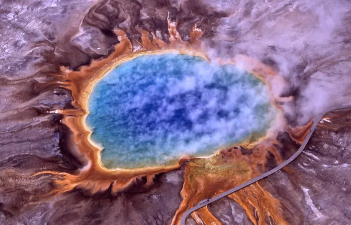 Grand Prismatic Spring i Yellowstone nasjonalpark i USA. Asurblått vann fra varme kilder stiger mot bredder av orange alger og bakterier. (Foto: National Park Service, Wikimedia Commons)