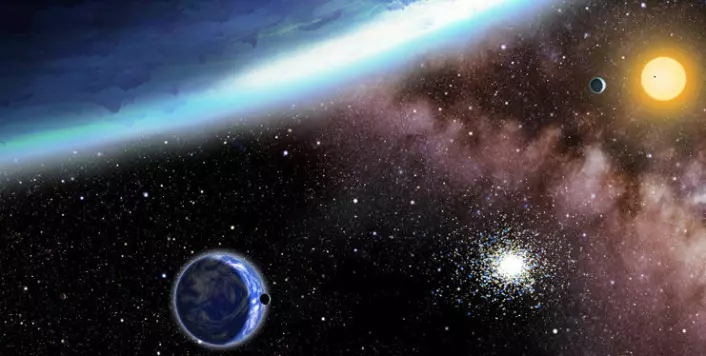 Illustrasjon av planetene som nylig er blitt oppdaget. Den største planeten i bildet, Kepler 62f, er lengst unna stjernen og er dekket av is. Kepler 62e er i forgrunnen, er nærmere stjernen og dekket av skyer. (Foto: (Illustrasjon: David A. Aguilar/CfA))