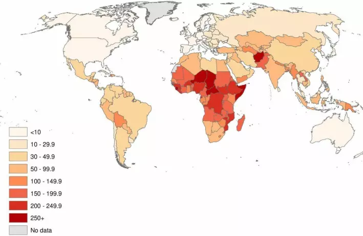 Kartet viser i hvilke land med flest mødre som har mistet et barn. Figuren viser antall mødre per 1000.