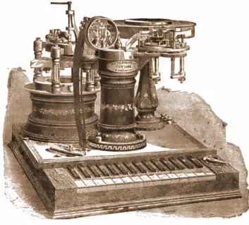 Phelps' Electro-motor Printing Telegraph fra ca. 1880, den siste og mest avanserte telegrafen som ble utformet av George May Phelps. Legg merke til pianotastaturet som ble brukt for å skrive inn bokstaver. (Foto: (Figur: Wikimedia Commons))