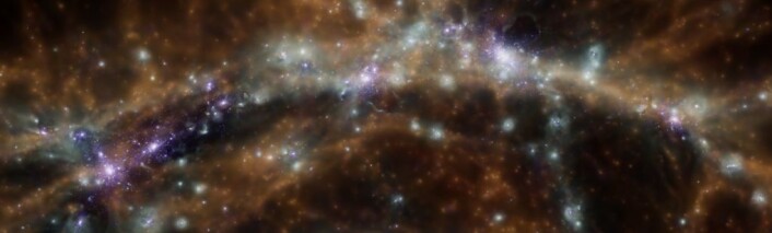 Galakser og galaksehoper er strukturert i et kosmisk nettverk eller spindelvev av både synlig og usynlig materie. Bildet viser en bit av en simulering av utviklingen til universets struktur. (Foto: (Bilde: Klaus Dolag, Universitäts-Sternwarte München, Ludwig-Maximillians-Universität)) Galakser og galaksehoper er strukturert i et kosmisk nettverk eller spindelvev av både synlig og usynlig materie. Bildet viser en bit av en simulering av utviklingen til universets struktur. (Foto: (Bilde: Klaus Dolag, Universitäts-Sternwarte München, Ludwig-Maximillians-Universität))