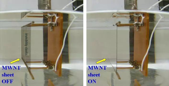 Nanonettingen med elektrisk oppvarming avslått til venstre, og påslått til høyre. (Foto: Ali Aliev, University of Texas at Dallas)