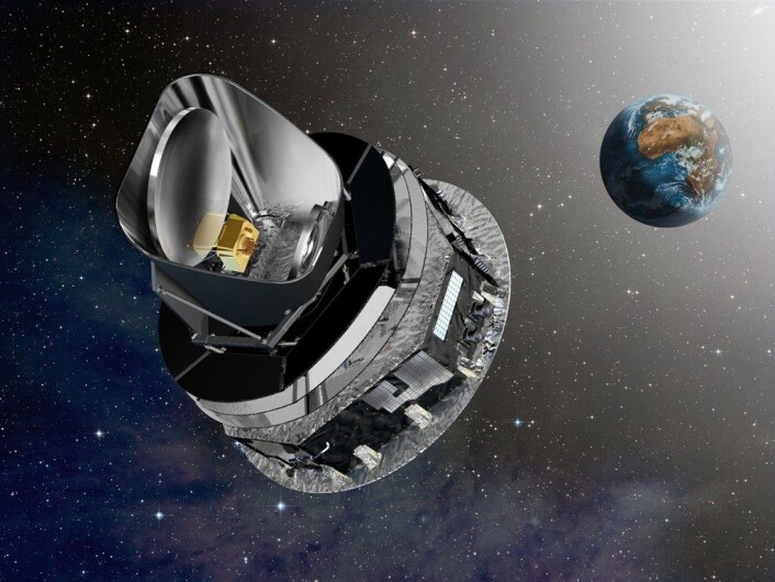 Planck-satelitten i bane rundt Jorden. (Foto: (Illustrasjon: ESA – D. Ducros)) Planck-satelitten i bane rundt Jorden. (Foto: (Illustrasjon: ESA – D. Ducros))
