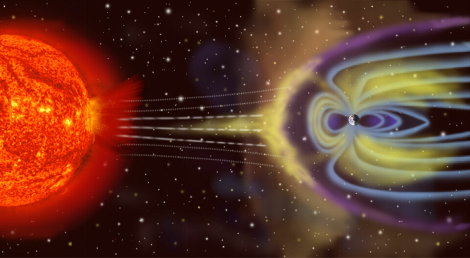 Illustrasjonen viser hvordan partikler (i gult) sendes ut fra sola, og sniker seg inn der jordas magnetfelt er svakest, ved polene. Land langt nord og sør, som Norge, er derfor mest utsatt for skadelige konsekvenser fra solstormer. (Foto: (Illustrasjon: NASA))