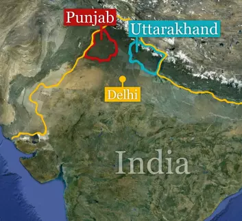 Delstatene Punjab og Uttarakhand ligger nordvest i India. (Foto: (Kart: Google Maps/tilpasset forskning.no/Per Byhring))