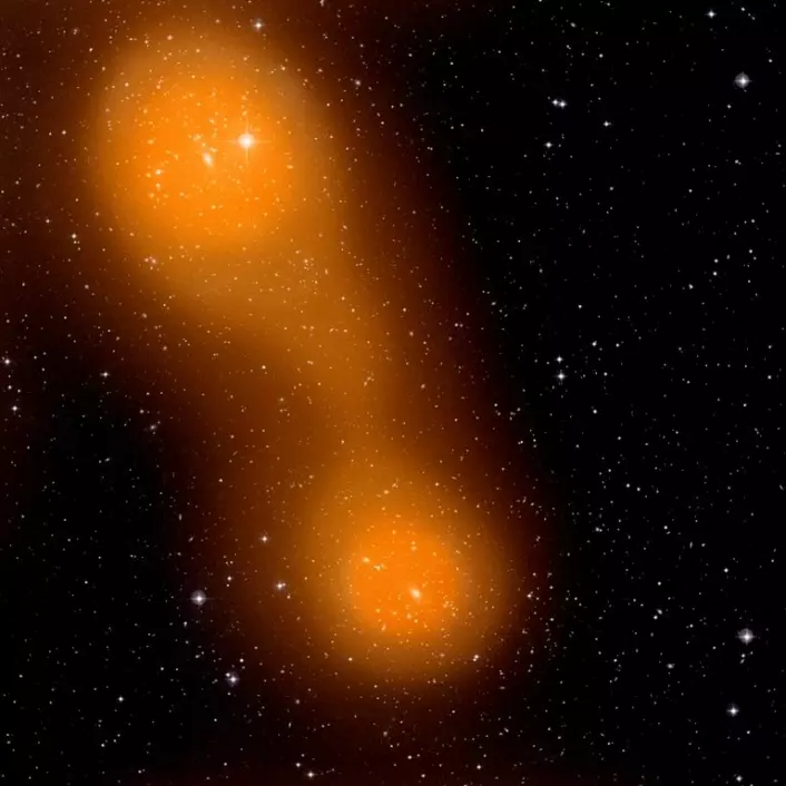 De to galaksehopene Abell 399 (nede til høyre) og Abell 401 (oppe til venstre). Bildet er satt sammen av et bilde i synlig lys som viser galaksene, og et bilde av Sunyaev-Zel'dovich-effekten som viser den varme gassen. Galaksene er de lyse, litt avlange flekkene. Galaksehopene kan sees som de to områdene der det er flest galakser. (Foto: (Illustrasjon: ESA &amp; Planck Collaboration))