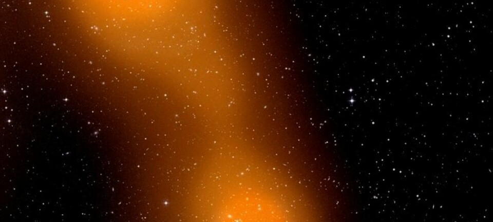 De to galaksehopene Abell 399 (nede til høyre) og Abell 401 (oppe til venstre). Bildet er satt sammen av et bilde i synlig lys som viser galaksene, og et bilde av Sunyaev-Zel'dovich-effekten som viser den varme gassen. Galaksene er de lyse, litt avlange flekkene. Galaksehopene kan sees som de to områdene der det er flest galakser. (Illustrasjon: ESA & Planck Collaboration)