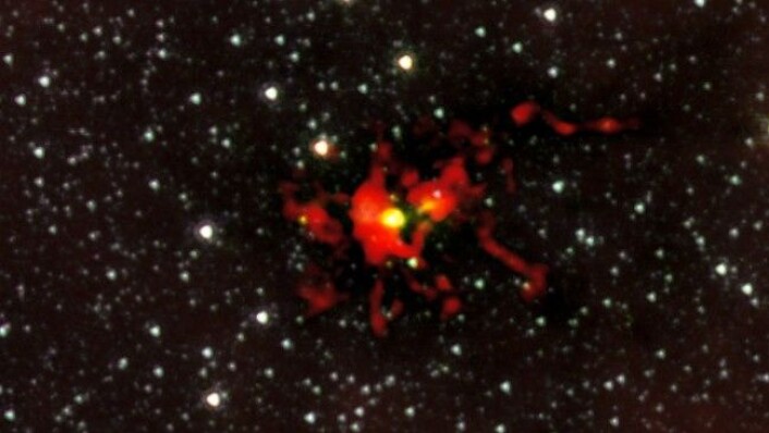 Den blivende stjernen er en gul skive i midten av moderskyen. Bildet er en sammensetning av ALMAs observasjoner og NASAs Spitzer Space Telescope. (Foto: (ALMA (ESO/NRAJ/NRAO)/NASA/Spitzer/JPL-Caltech/GLIMPSE)) Den blivende stjernen er en gul skive i midten av moderskyen. Bildet er en sammensetning av ALMAs observasjoner og NASAs Spitzer Space Telescope. (Foto: (ALMA (ESO/NRAJ/NRAO)/NASA/Spitzer/JPL-Caltech/GLIMPSE))