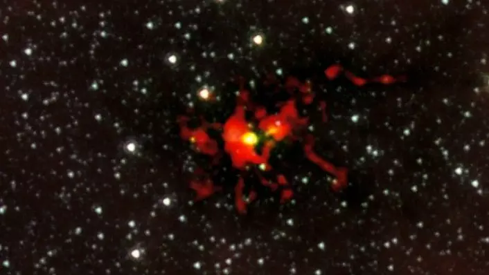 Den blivende stjernen er en gul skive i midten av moderskyen. Bildet er en sammensetning av ALMAs observasjoner og NASAs Spitzer Space Telescope. (Foto: (ALMA (ESO/NRAJ/NRAO)/NASA/Spitzer/JPL-Caltech/GLIMPSE))