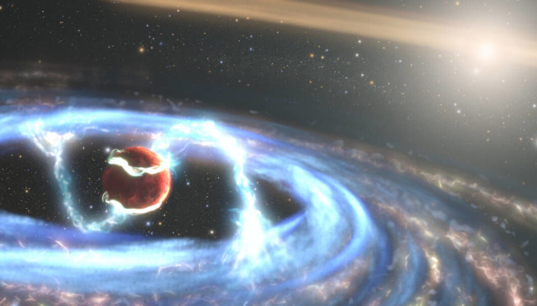 Dette er en tegning av planeten som kalles PDS 70b. Planeten er ung og vokser fremdeles. Den drar til seg gass og støv fra en skive som svirrer rundt den. Dette er en tegning av planeten som kalles PDS 70b. Planeten er ung og vokser fremdeles. Den drar til seg gass og støv fra en skive som svirrer rundt den.