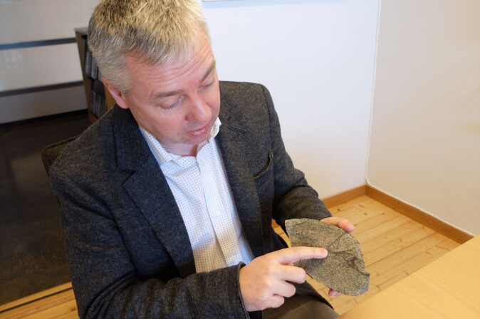 Denne steinen har Francois Renard funnet nord for Bergen. Den svarte linjen har oppstått under et jordskjelv for millioner av år siden. Denne steinen har Francois Renard funnet nord for Bergen. Den svarte linjen har oppstått under et jordskjelv for millioner av år siden.