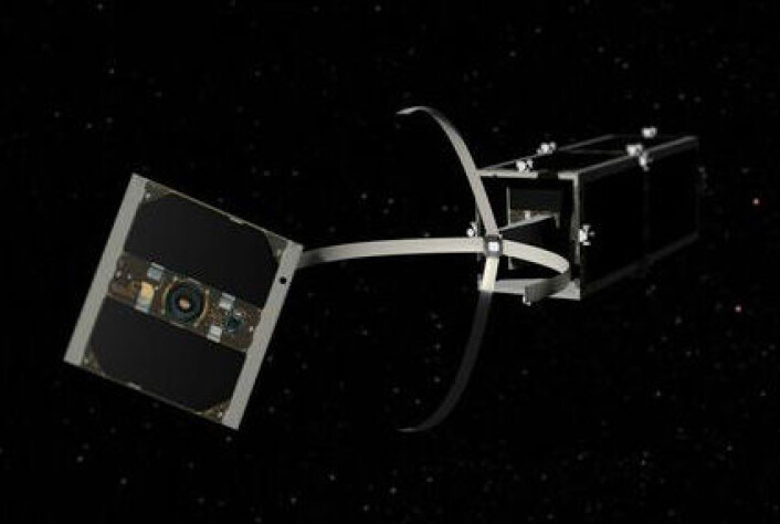 Slik skal verdensrommets nye ryddegutt «Clean Space One» gripe tak i søppel. (Foto: EPFL/Swiss Space Center) Slik skal verdensrommets nye ryddegutt «Clean Space One» gripe tak i søppel. (Foto: EPFL/Swiss Space Center)