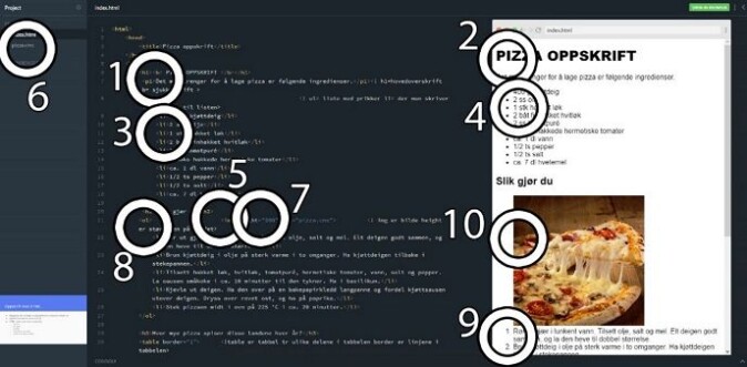 Bildet viser en nummerert sekvens hvor eleven beveger musepekeren mens hen snakker. Teksten på venstre side viser koden, og pizzaen på høyre side er resultatet av kodingen. I teksten snakker eleven om hvordan de forskjellige elementene i koden viser seg i bildet. Musepekeren går fram og tilbake mellom de to delene. Vi ser altså hvordan eleven aktivt tar i bruk mulighetene for å reflektere, ved hjelp av tale, tekst, framvisningsmuligheter og peking som verktøyet tilrettelegger for. Bildet viser en nummerert sekvens hvor eleven beveger musepekeren mens hen snakker. Teksten på venstre side viser koden, og pizzaen på høyre side er resultatet av kodingen. I teksten snakker eleven om hvordan de forskjellige elementene i koden viser seg i bildet. Musepekeren går fram og tilbake mellom de to delene. Vi ser altså hvordan eleven aktivt tar i bruk mulighetene for å reflektere, ved hjelp av tale, tekst, framvisningsmuligheter og peking som verktøyet tilrettelegger for.