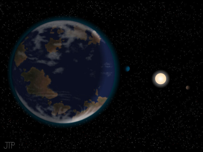 Kunstnerisk framstilling av planeten HD40307g i forgrunnen, med dvergstjernen HD40307 og to av de andre planetene i systemet bakenfor. Atmosfæren og kontinentene er foreløpig rein fantasi. (Foto: (Illustrasjon: J. Pinfield/ RoPACS network, University of Hertfordshire)) Kunstnerisk framstilling av planeten HD40307g i forgrunnen, med dvergstjernen HD40307 og to av de andre planetene i systemet bakenfor. Atmosfæren og kontinentene er foreløpig rein fantasi. (Foto: (Illustrasjon: J. Pinfield/ RoPACS network, University of Hertfordshire))