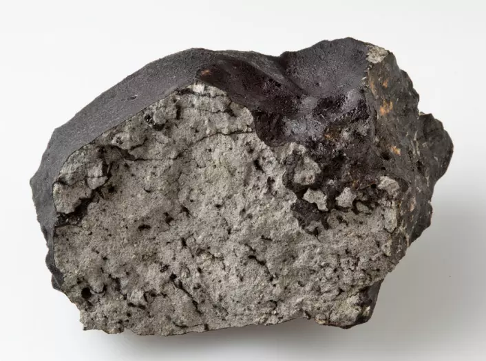 Den ferske bruddsida av denne 1,1 kilo tunge biten av Tissint-meteoritten viser de karakteristiske lommene av svart glass. (Foto: Natural History Museum, London)