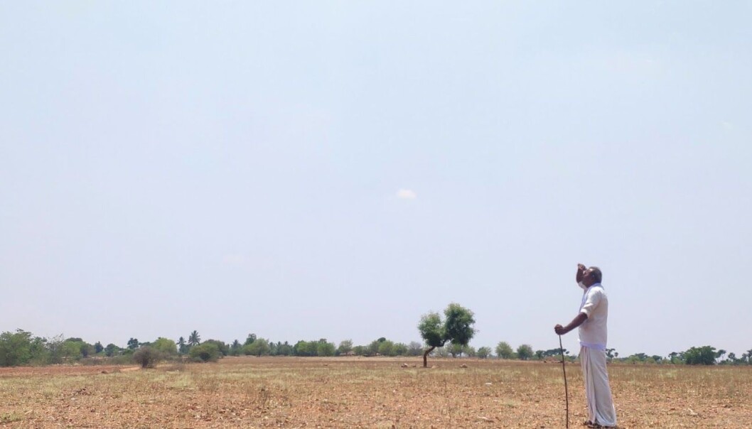 Semiarid landskap i en rural landsby i Sør-India. Faren min, Narayanappa Basappa, ser opp på himmelen. Semiarid landskap i en rural landsby i Sør-India. Faren min, Narayanappa Basappa, ser opp på himmelen.