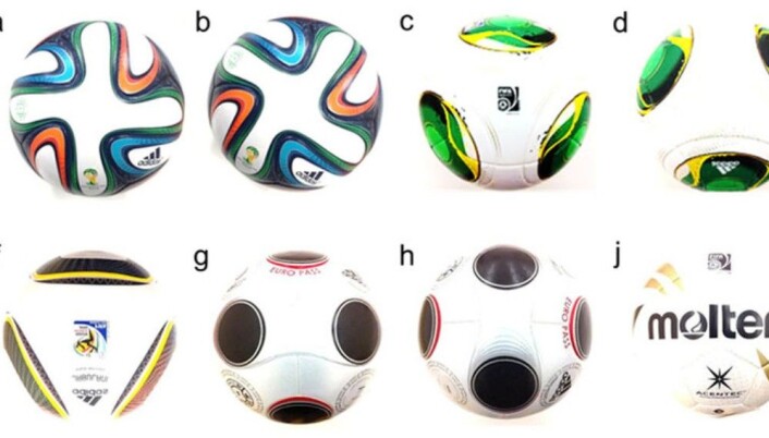 Hong og Asais rapport viser med all tydelighet at det er tydelige forskjeller mellom ballmodellene. Brazuca - a og b (6 lapper), Cafusa - c og d (32 lapper), Jabulani - f (8 lapper), Teamgeist 2 - g og h (14 lapper), og Moltens Vantaggio-modell - i (32 lapper) (Foto: Sungchan Hong & Takeshi Asai) Hong og Asais rapport viser med all tydelighet at det er tydelige forskjeller mellom ballmodellene. Brazuca - a og b (6 lapper), Cafusa - c og d (32 lapper), Jabulani - f (8 lapper), Teamgeist 2 - g og h (14 lapper), og Moltens Vantaggio-modell - i (32 lapper) (Foto: Sungchan Hong & Takeshi Asai)