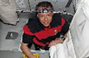 "Christer Fuglesang ombord på den internasjonale romstasjonen. Foto: NASA-TV"