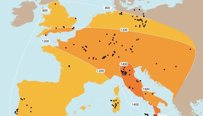 Dette kartet viser når veiingsteknologien skal ha blitt etablert rundt om i Europa. Årstallene er f.Kr. Dette kartet viser når veiingsteknologien skal ha blitt etablert rundt om i Europa. Årstallene er f.Kr.