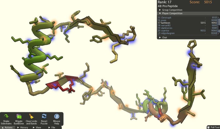 Skjermdump fra Foldit som viser spillets puslespill nummer 48, et ufoldet og ustabilt protein. (Foto: (Illustrasjon: Foldit)) Skjermdump fra Foldit som viser spillets puslespill nummer 48, et ufoldet og ustabilt protein. (Foto: (Illustrasjon: Foldit))