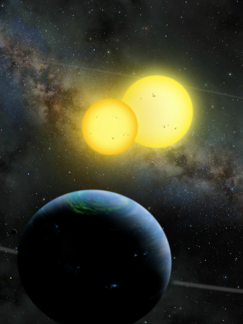 Kunstnerisk framstilling av Kepler-35 b - en planet på størrelse med Saturn i bane rundt to stjerner. (Foto: (Illustrasjon: Lynette Cook))