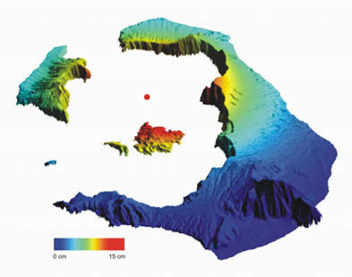 Målinger av vertikal bevegelse på Santorini fra januar 2011 til juli 2012 av satellittene Envisat og TerraSAR-X. Øya Nea Kamini er øya i midten av det undersjøiske krateret. (Foto: (Illustrasjon: M. Parks )) Målinger av vertikal bevegelse på Santorini fra januar 2011 til juli 2012 av satellittene Envisat og TerraSAR-X. Øya Nea Kamini er øya i midten av det undersjøiske krateret. (Foto: (Illustrasjon: M. Parks ))