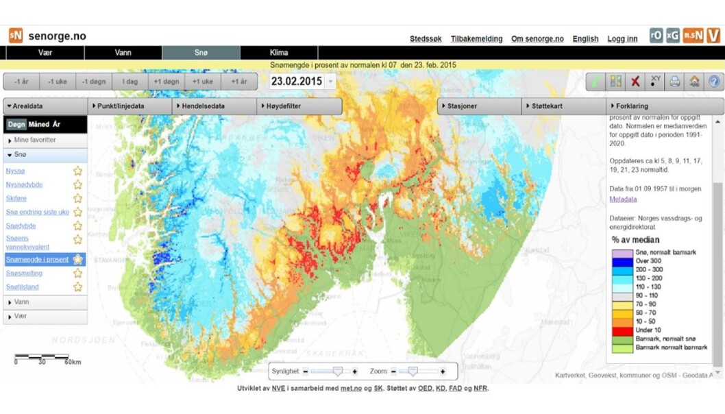 Figuren viser snømengde i prosent av normalen for 23. februar 2015. Den grønne fargen viser at det var bart der det vanligvis ligger snø. Det ble ingen langvarig snømåling dette året. Figuren viser snømengde i prosent av normalen for 23. februar 2015. Den grønne fargen viser at det var bart der det vanligvis ligger snø. Det ble ingen langvarig snømåling dette året.