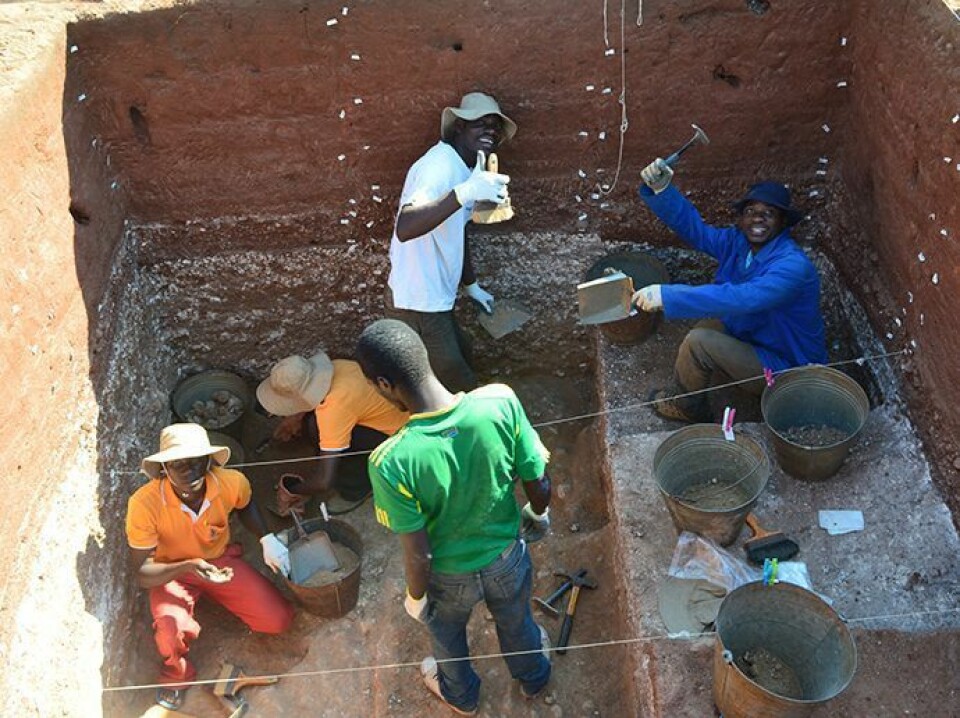 Excavation site Karonga: After finding archaeological sites, the researchers put in square excavation pits with the aid of a local field crew. Left to right: Brown Luhanga, Henry Kalinga, Petros Mwanganda, Joel Kalua and Moses Nyondo. (Photo: Jessica Thompson)
