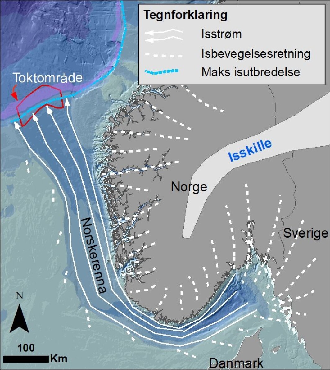Kartet viser hvorfra breisen (og sedimentene den fraktet med seg) ble drenert ut gjennom Norskerenna (modifisert fra Ottesen 2005). Det lilla feltet langs eggakanten indikerer 550-750 m dyp med atlantisk intermediært vann. På samme dyp observerte vi rike forekomster av blomkålkorallskog. Kartet viser hvorfra breisen (og sedimentene den fraktet med seg) ble drenert ut gjennom Norskerenna (modifisert fra Ottesen 2005). Det lilla feltet langs eggakanten indikerer 550-750 m dyp med atlantisk intermediært vann. På samme dyp observerte vi rike forekomster av blomkålkorallskog.