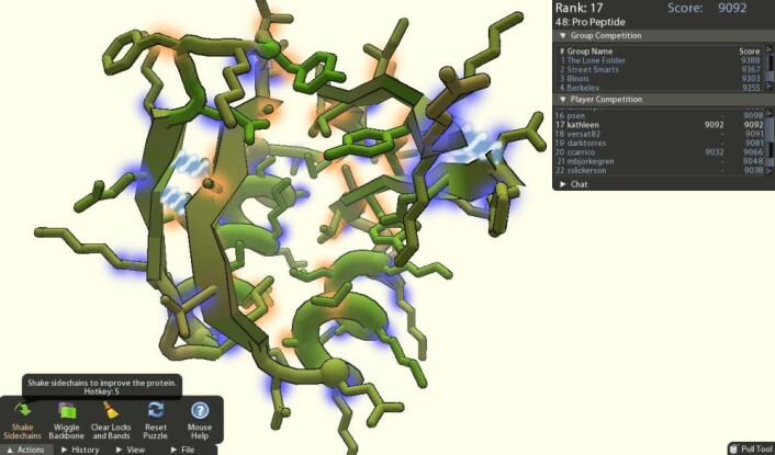 Skjermdump fra Foldit som viser løsningen på spillets puslespill nummer 48, et foldet og stabilt protein. (Foto: (Illustrasjon: Foldit)) Skjermdump fra Foldit som viser løsningen på spillets puslespill nummer 48, et foldet og stabilt protein. (Foto: (Illustrasjon: Foldit))