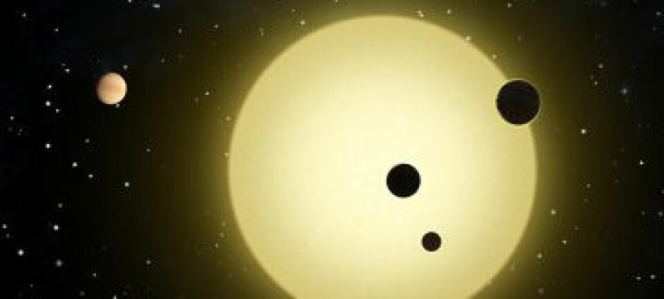 Planetsystemet Kepler-11 med seks planetar i ein illustrasjon av ein kunstnar. No har Keplerteleskopet funne 1091 potensielle nye planetar. NASA/Tim Pyle