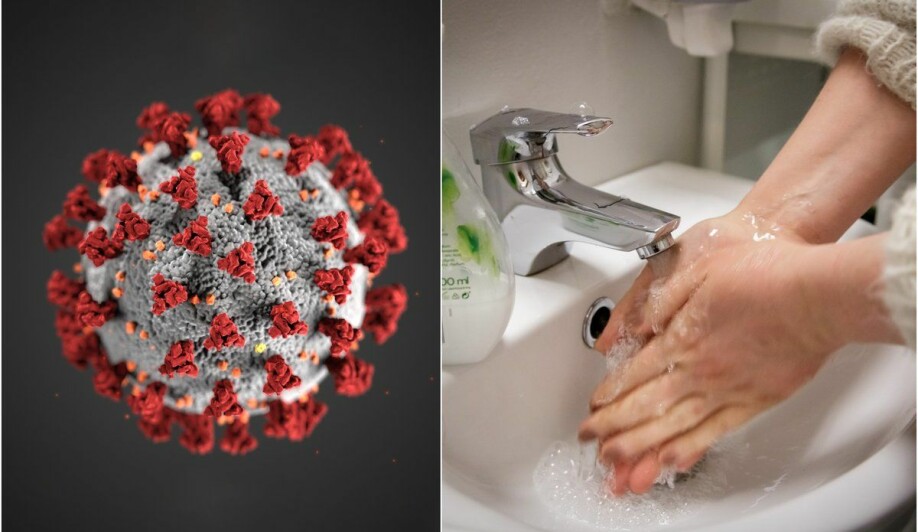 Illustration of the new corona virus SARS-CoV-2 and picture of a woman washing hands.