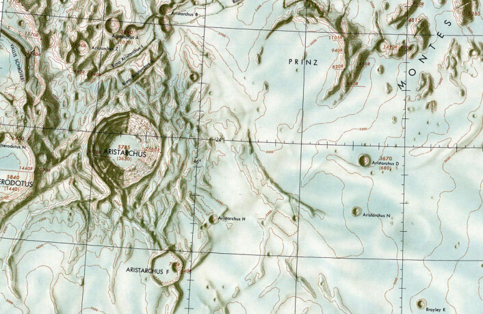 Utsnitt av Lunar Aeronautic Chart LAC-39, som James Greenacre arbeidet med da ha fikk se de røde fargeflekkene 30. oktober 1963. (Foto: (Tegning: United States Air Force)) Utsnitt av Lunar Aeronautic Chart LAC-39, som James Greenacre arbeidet med da ha fikk se de røde fargeflekkene 30. oktober 1963. (Foto: (Tegning: United States Air Force))